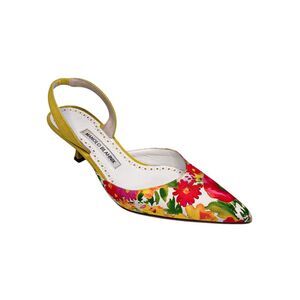 Manolo Blahnik Floral Slingback Heels EU 38 Yellow Suede Kitten Heel Pumps